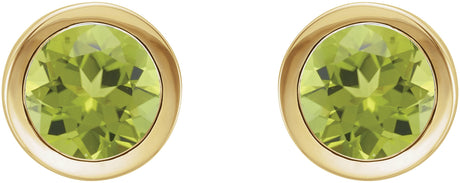 14K Gold Natural Peridot Round Bezel-Set Birthstone Stud Earrings - Yellow Gold