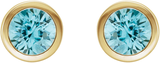 14K Gold Natural Blue Zircon Round Bezel-Set Birthstone Stud Earrings - Yellow Gold - view 2