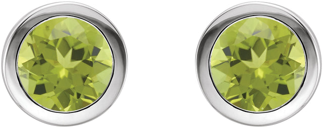 14K Gold Natural Peridot Round Bezel-Set Birthstone Stud Earrings - White Gold - view 2