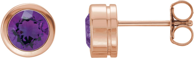 14K Gold Natural Amethyst Round Bezel-Set Birthstone Stud Earrings - Rose Gold