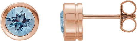 14K Gold Natural Aquamarine Round Bezel-Set Birthstone Stud Earrings - Rose Gold