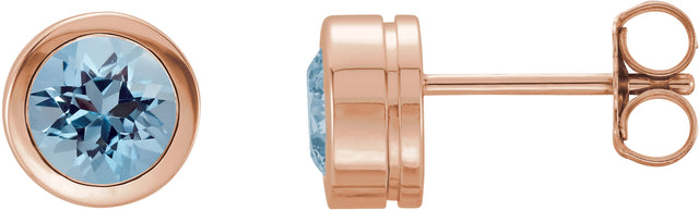 14K Gold Natural Aquamarine Round Bezel-Set Birthstone Stud Earrings - Rose Gold