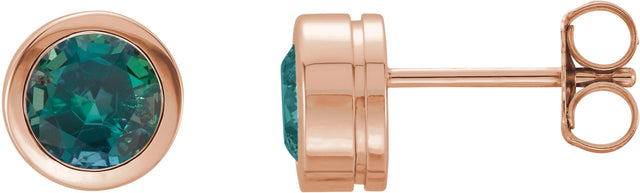 14K Gold Lab-Grown Alexandrite Round Bezel-Set Birthstone Stud Earrings - Rose Gold