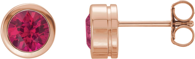 14K Gold Natural Ruby Round Bezel-Set Birthstone Stud Earrings - Rose Gold