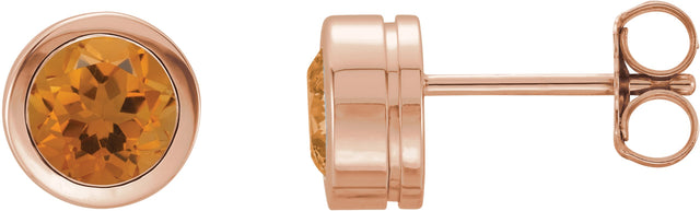 14K Gold Natural Citrine Round Bezel-Set Birthstone Stud Earrings - Rose Gold