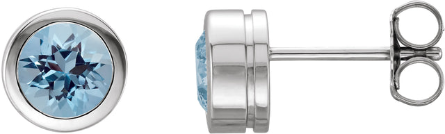 Platinum Natural Aquamarine Round Bezel-Set Birthstone Stud Earrings
