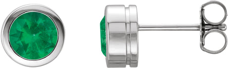 14K Gold Lab-Grown Emerald Round Bezel-Set Birthstone Stud Earrings - White Gold