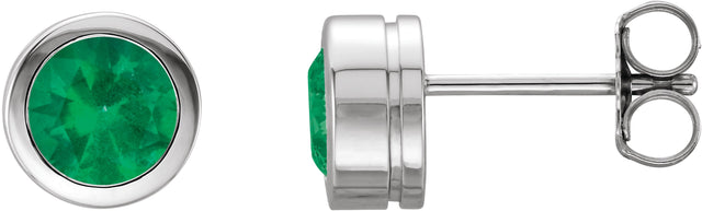 Platinum Lab-Grown Emerald Round Bezel-Set Birthstone Stud Earrings