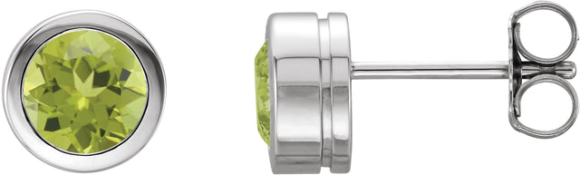 Platinum Natural Peridot Round Bezel-Set Birthstone Stud Earrings