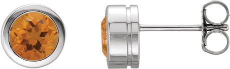 Platinum Natural Citrine Round Bezel-Set Birthstone Stud Earrings