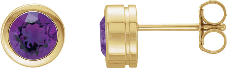 14K Gold Natural Amethyst Round Bezel-Set Birthstone Stud Earrings - Yellow Gold