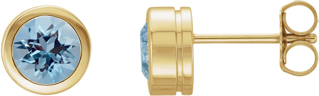 14K Gold Natural Aquamarine Round Bezel-Set Birthstone Stud Earrings - Yellow Gold