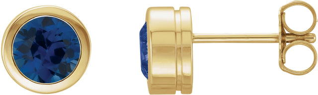 14K Gold Lab-Grown Blue Sapphire Round Bezel-Set Birthstone Stud Earrings - Yellow Gold