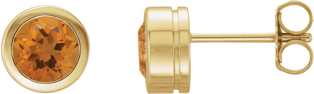 14K Gold Natural Citrine Round Bezel-Set Birthstone Stud Earrings - Yellow Gold