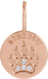 14K Gold Round Natural Diamond Mama Bear Necklace or Pendant - Rose Gold