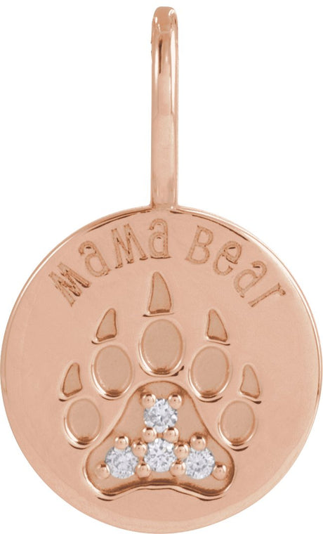 14K Gold Round Natural Diamond Mama Bear Necklace or Pendant - Rose Gold