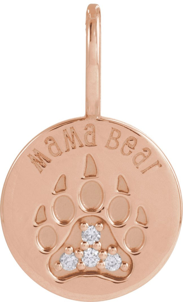 14K Gold Round Natural Diamond Mama Bear Necklace or Pendant - Rose Gold