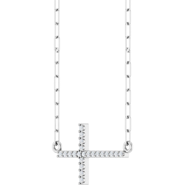 14K Gold Round Natural Diamond Accented Sideways Cross Necklace – 19.3x10.8mm - White Gold - view 2