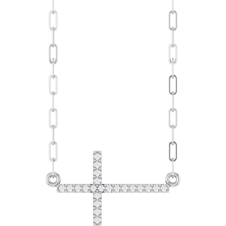 14K Gold Round Natural Diamond Accented Sideways Cross Necklace – 19.3x10.8mm - White Gold