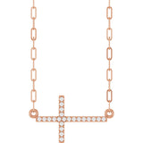 14K Gold Round Natural Diamond Accented Sideways Cross Necklace – 19.3x10.8mm - Rose Gold