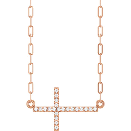 14K Gold Round Natural Diamond Accented Sideways Cross Necklace – 19.3x10.8mm - Rose Gold