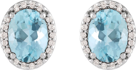 Platinum Natural Aquamarine Oval 4-Prong Halo-Style Low Stud Earring - view 2