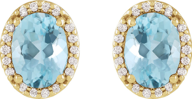 14K Gold Natural Aquamarine Oval 4-Prong Halo-Style Low Stud Earring - Yellow Gold - view 2