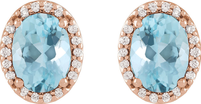14K Gold Natural Aquamarine Oval 4-Prong Halo-Style Low Stud Earring - Rose Gold - view 2