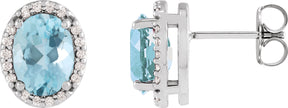 Platinum Natural Aquamarine Oval 4-Prong Halo-Style Low Stud Earring