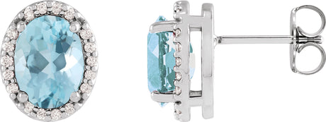 Platinum Natural Aquamarine Oval 4-Prong Halo-Style Low Stud Earring