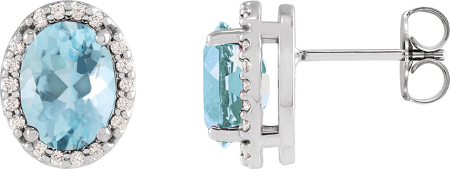 Platinum Natural Aquamarine Oval 4-Prong Halo-Style Low Stud Earring