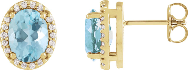 14K Gold Natural Aquamarine Oval 4-Prong Halo-Style Low Stud Earring - Yellow Gold
