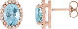 14K Gold Natural Aquamarine Oval 4-Prong Halo-Style Low Stud Earring - Rose Gold