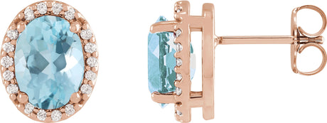 14K Gold Natural Aquamarine Oval 4-Prong Halo-Style Low Stud Earring - Rose Gold