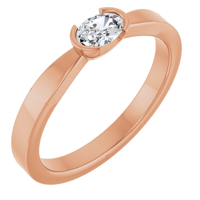 14K Gold Oval Natural Diamond Half-Bezel Solitaire Ring - Rose Gold