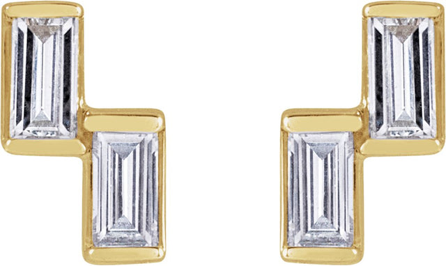 14K Gold Straight Baguette Natural Diamond Two-Stone Stud Earrings - Yellow Gold - view 2