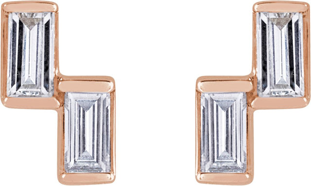 14K Gold Straight Baguette Natural Diamond Two-Stone Stud Earrings - Rose Gold - view 2