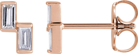 14K Gold Straight Baguette Natural Diamond Two-Stone Stud Earrings - Rose Gold