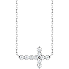 14K Gold Round Lab-Grown Diamond Accented Sideways Cross Necklace – 1/3 CTW - White Gold