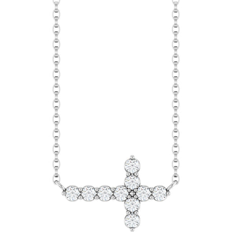 14K Gold Round Natural Diamond Accented Sideways Cross Necklace – 2mm Stones - White Gold