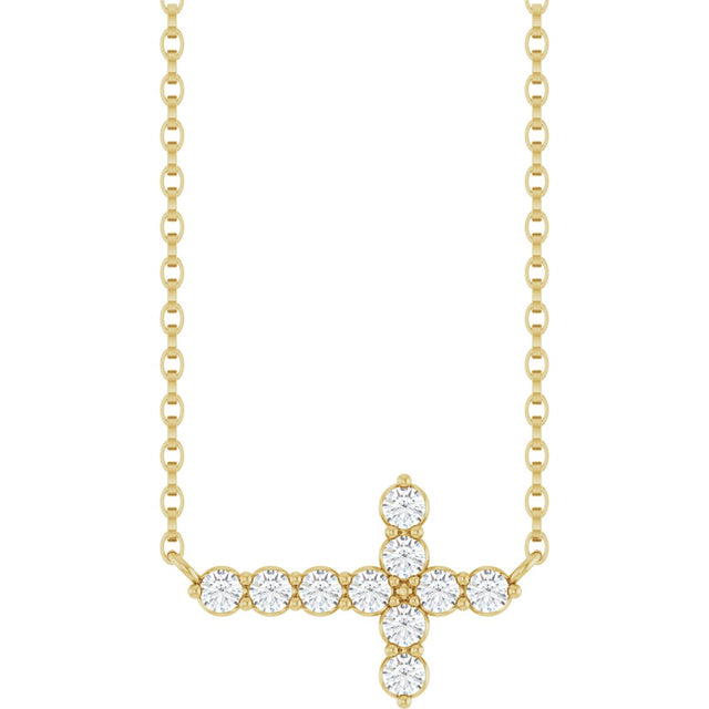 14K Gold Round Lab-Grown Diamond Accented Sideways Cross Necklace – 1/3 CTW - Yellow Gold