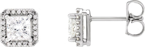 14K Gold Natural Diamond Square 4-Prong Halo-Style Earring - White Gold