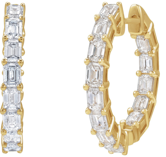 14K Gold Emerald Natural Diamond Inside-Outside Hoop Earrings - Yellow Gold - view 2