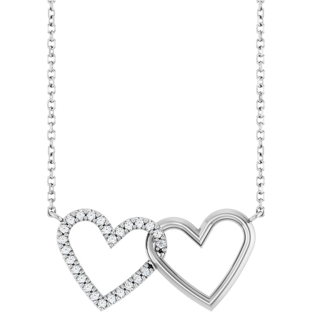 14K Gold Round Natural Diamond Interlocking Heart Necklace - White Gold