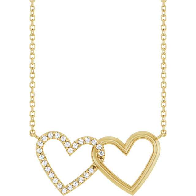 14K Gold Round Natural Diamond Interlocking Heart Necklace - Yellow Gold