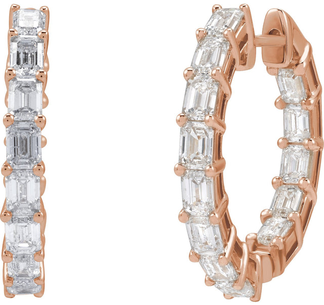 14K Gold Emerald Natural Diamond Inside-Outside Hoop Earrings - Rose Gold - view 2