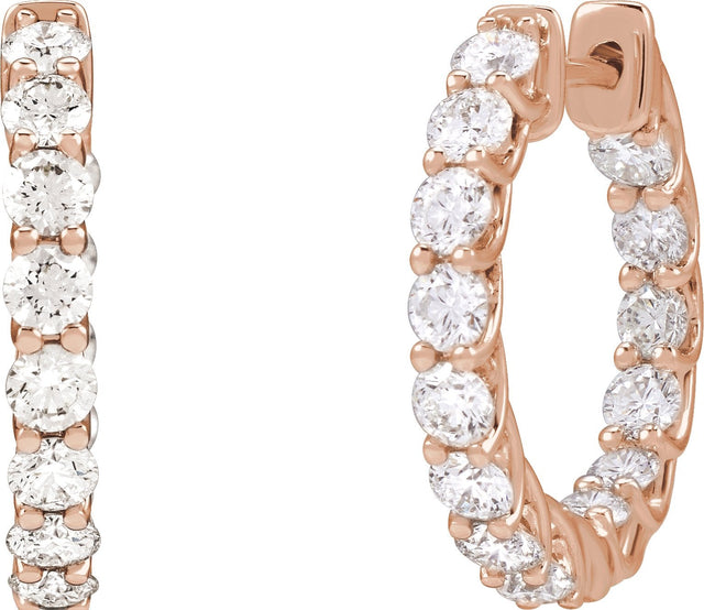 14K Gold Round Natural Diamond Inside-Outside Hoop Earrings – 2.8mm Stones - Rose Gold - view 2