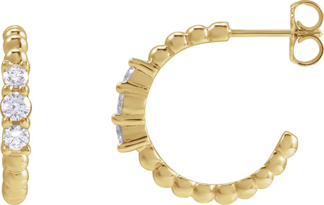 14K Gold Round Natural Diamond Accented Beaded Hoop Earrings II - Yellow Gold