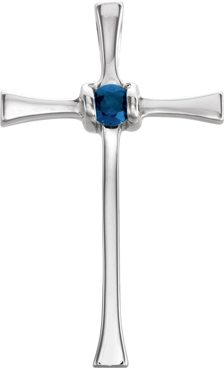 14K Gold Round Natural Blue Sapphire Solitaire Cross Pendant – 0 CTW - White Gold