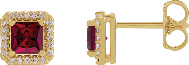 14K Gold Lab-Grown Ruby Square 4-Prong Halo-Style Earring - Yellow Gold